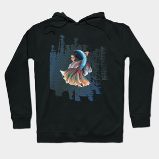 Beta Fish Blue with Rainbow Tail on Blue Hoodie